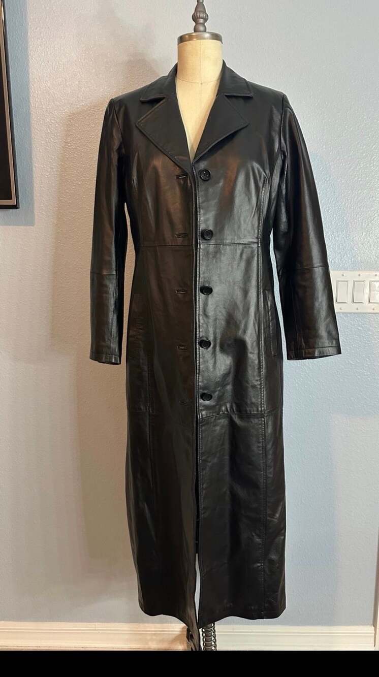 Vintage Black Leather Long Trench Coat Matrix Style